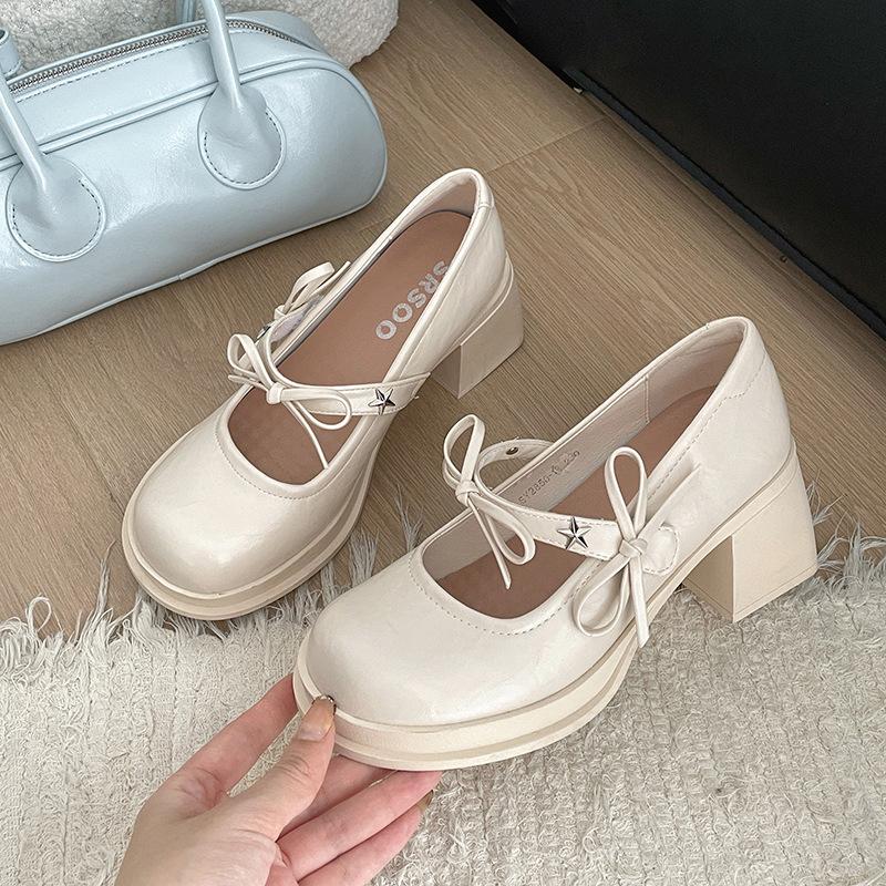 Fashion Temperament French White Bow Thick Heel High Heels Women's 2025 New Spring and Autumn Skirt Mary Jane Shoes