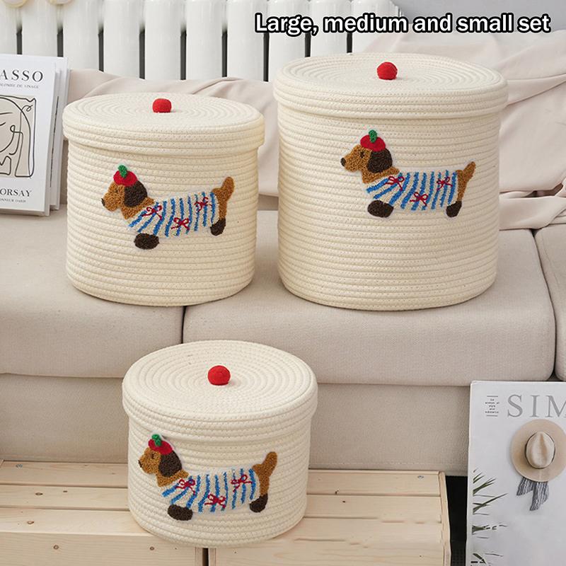 Cute Puppy Storage Basket Woven Cotton Rope Frame Large Capacity With Lid Dustproof Storage Bucket Desktop Dustproof