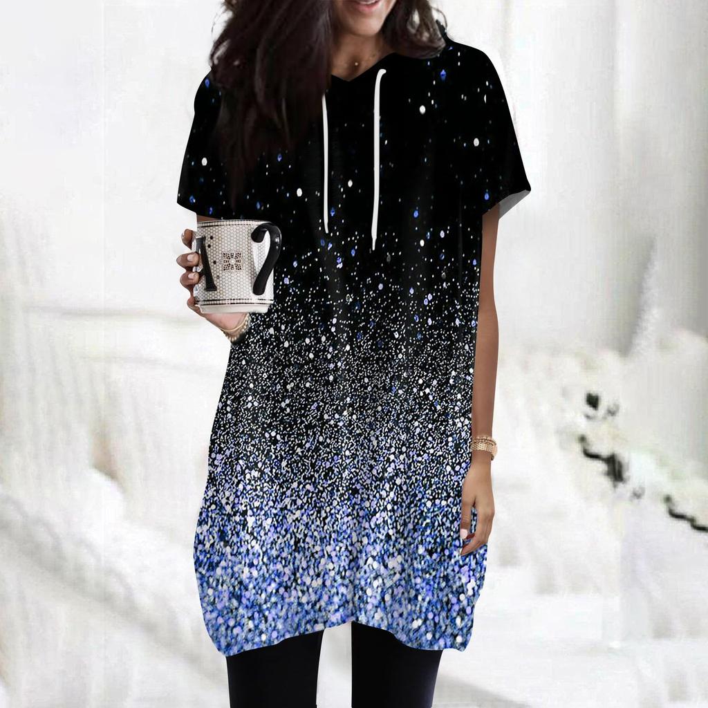 Women's  Hoodies Casual Short Sleeve Shirts Fashion Print Tunic Tops With Pockets