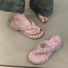 Sweet leopard print high-heeled flip-flops, elegant temperament with skirt, toe, thick bottom, cool slippers.