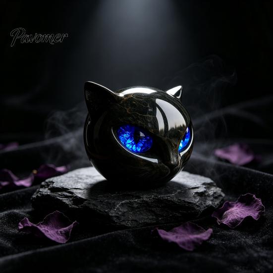 Small Statue for Bookshelf Spherical Black Cat Head Ornament, Resin Gothic Style Sculpture with Colorful Figurine Eyes Halloween Tabletop Decor
