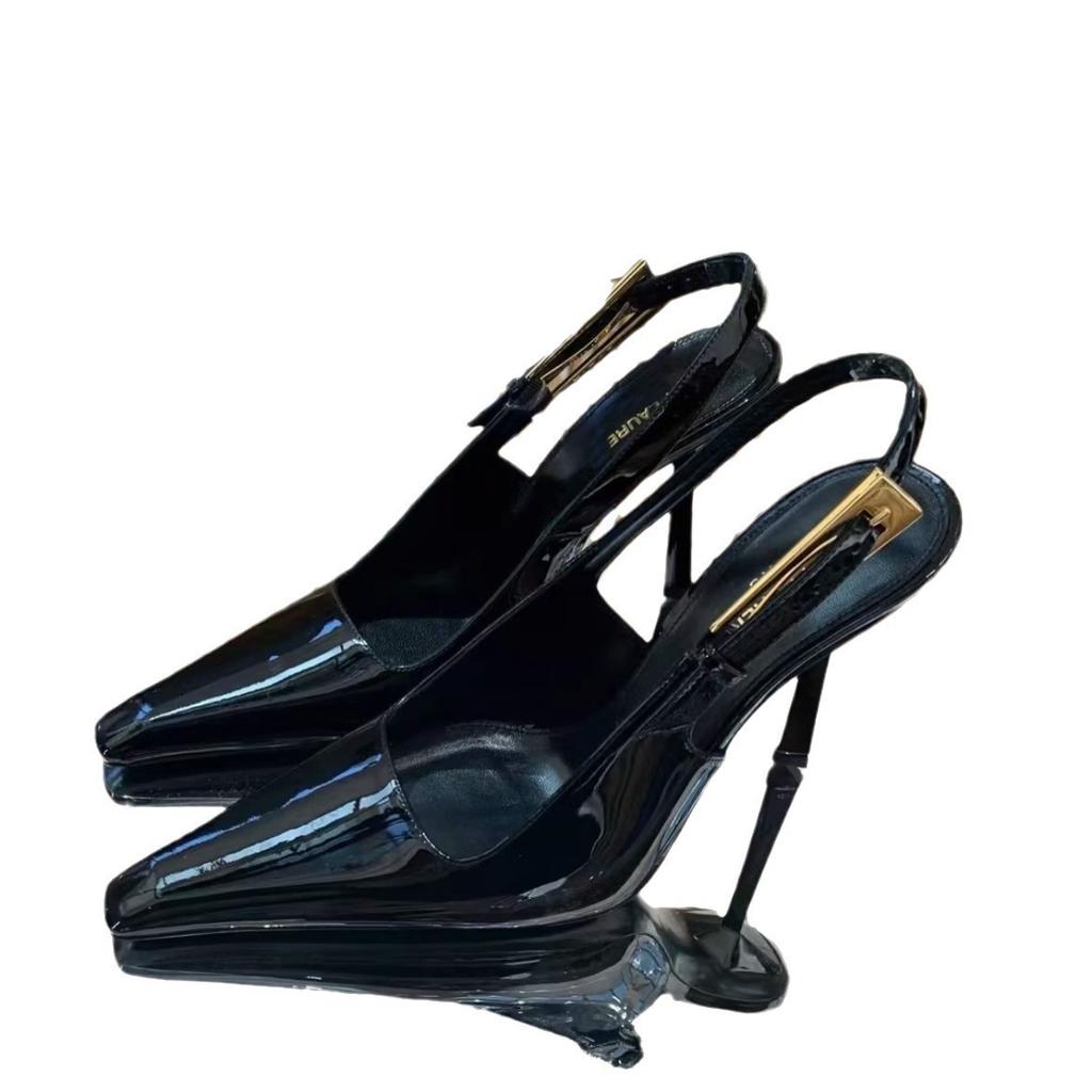 High heels women's summer 2025 new hollow black pointed temperament small gold heel patent leather bag head stiletto sandals