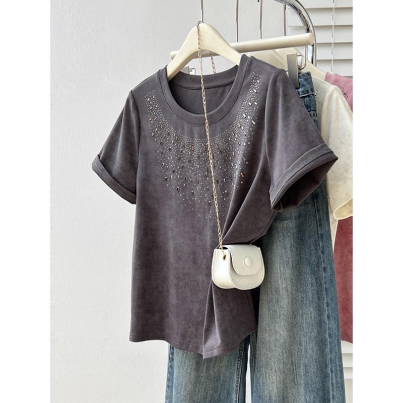 

2026 Summer Plus Size Women s Casual Hot Drill Straight Shoulder T-shirt 2XL серый
