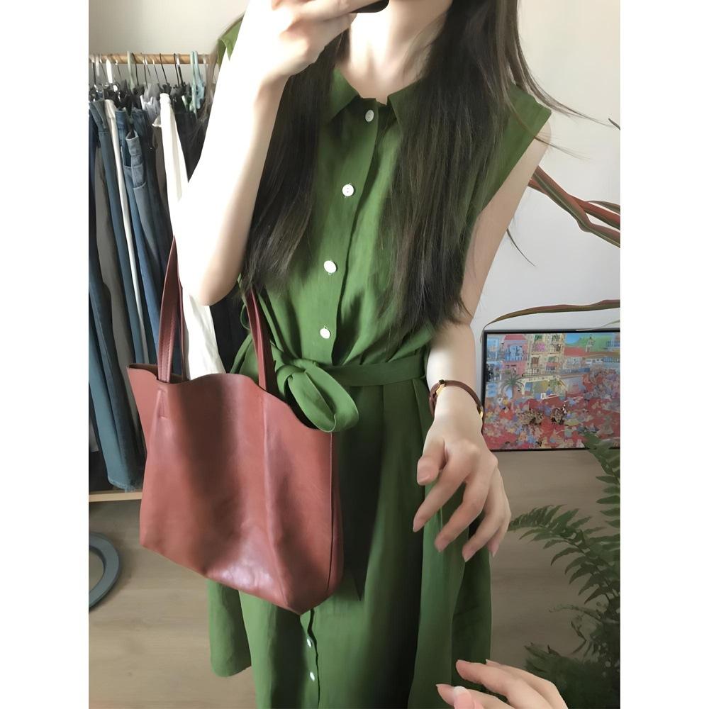 French green sleeveless POLO collar shirt dress children's simple and generous cotton and linen high-end feeling lazy and loose summer