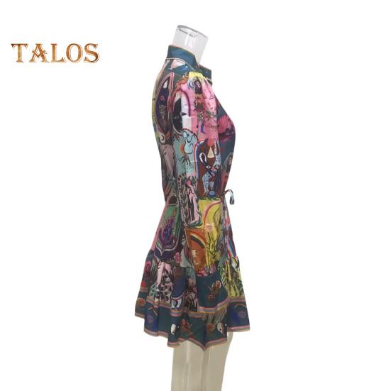 Sukienka damska na jesień i lato ze stójką, jednorzędowa, z długimi rękawami typu latarnia, wąska talia, vintage, falbaniasta, plisowana, kolorowa, z nadrukiem, mini sukienka