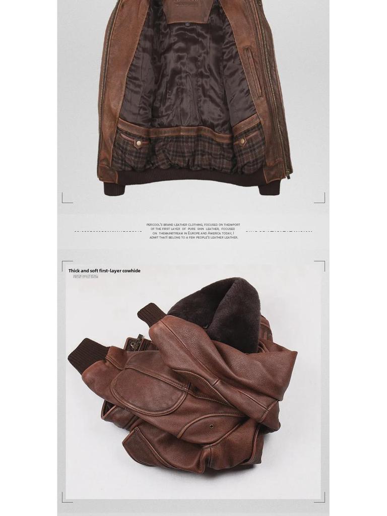 Men's Genuine Leather Pilot Jacket - Thick Cowhide, Casual Large Size, Autumn/Winter Coat