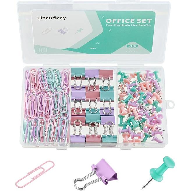 200pcs Paper Clips Binder Clips and Push P Set, Mini Clips and Thumb Tacks for Multipurpose Document Organization (Pink) разноцветный