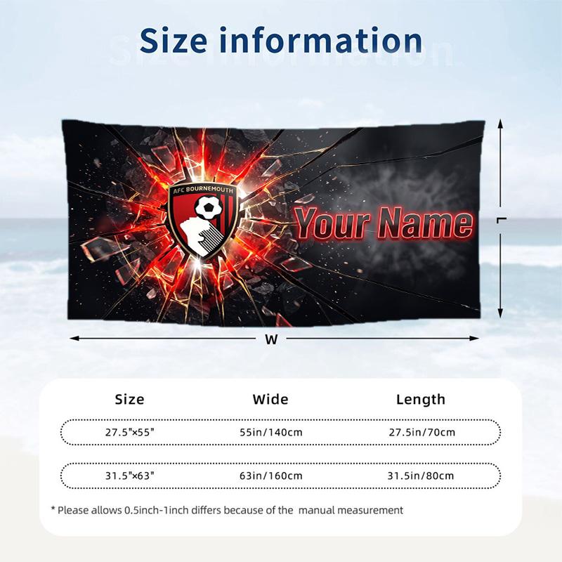 Custom Text Beach Towel, Soft Absorbent Swimming Multi-use TowelBournemouth Football