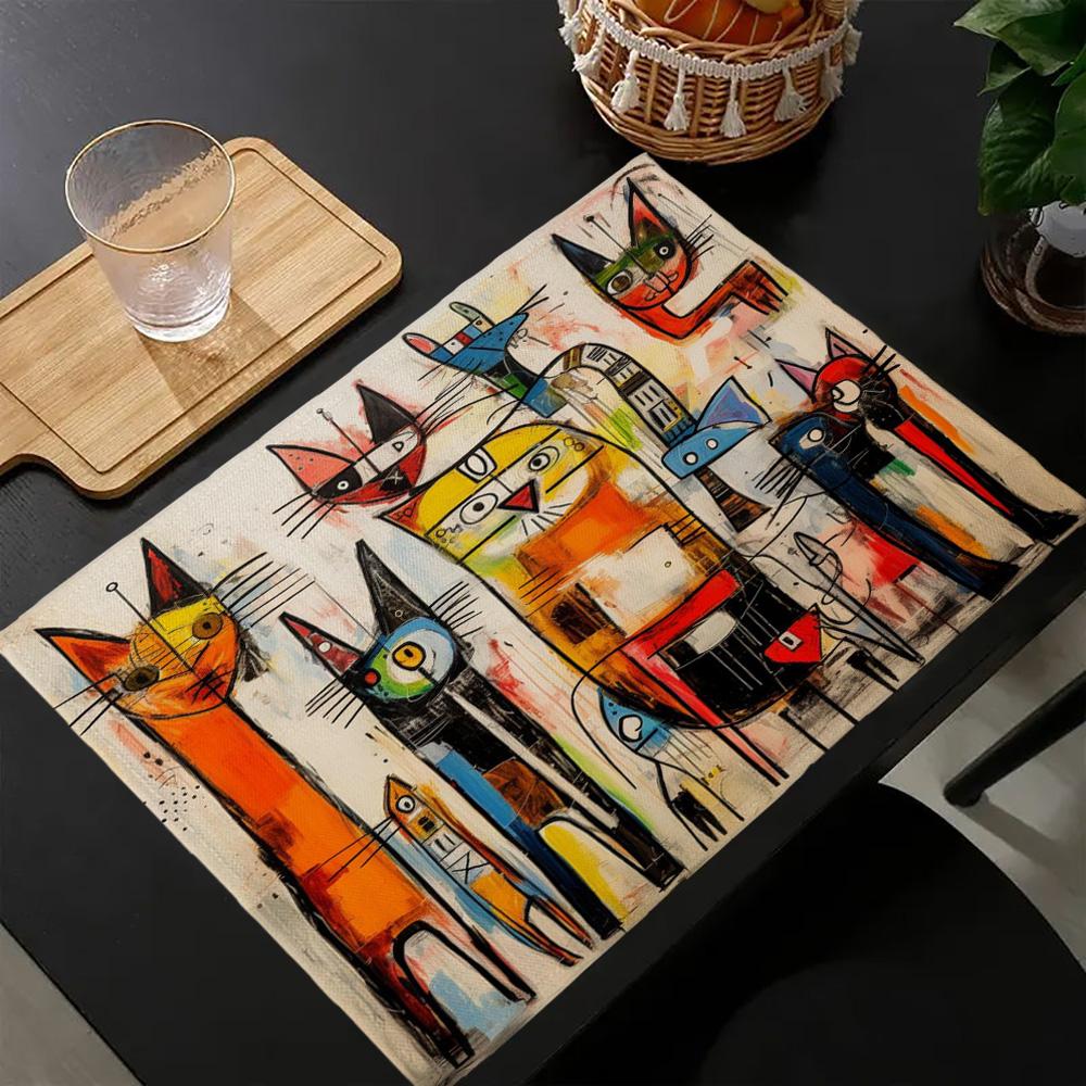 4PC, Placemats, Colorful Abstract Cat Art Printed Placemats, Festive Dining Table Mats