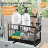 Dual Layer Sink Organizer for Sponges Brushes Soap Dispensers Carbon Steel Draining Rack with Detachable Brush Holder