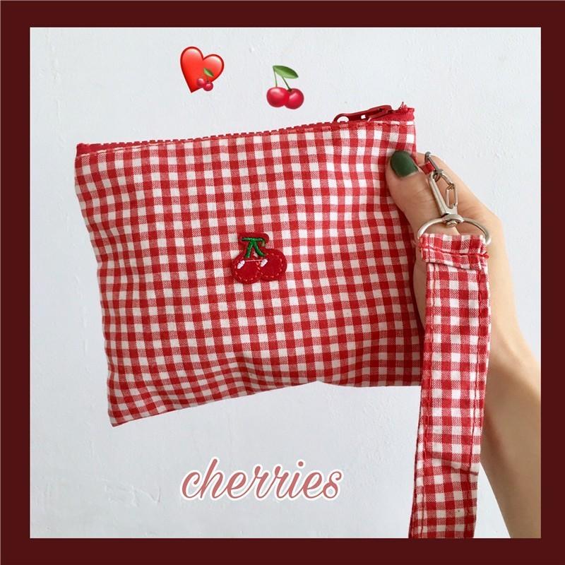 Red Cherry Canvas Lipstick Storage Bag, Portable and Easy To Carry. Red Plaid, Large Capacity Cosmetic Makeup Bag