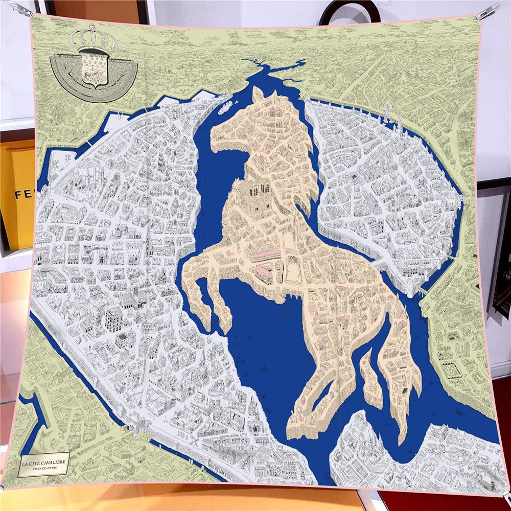 

Silk Scarf Women Horse City Print Square Scarves Head Echarpe Silk Foulards Femme Wraps Beach Shawl Bandana Lady Hijab 90CM 90x90cm