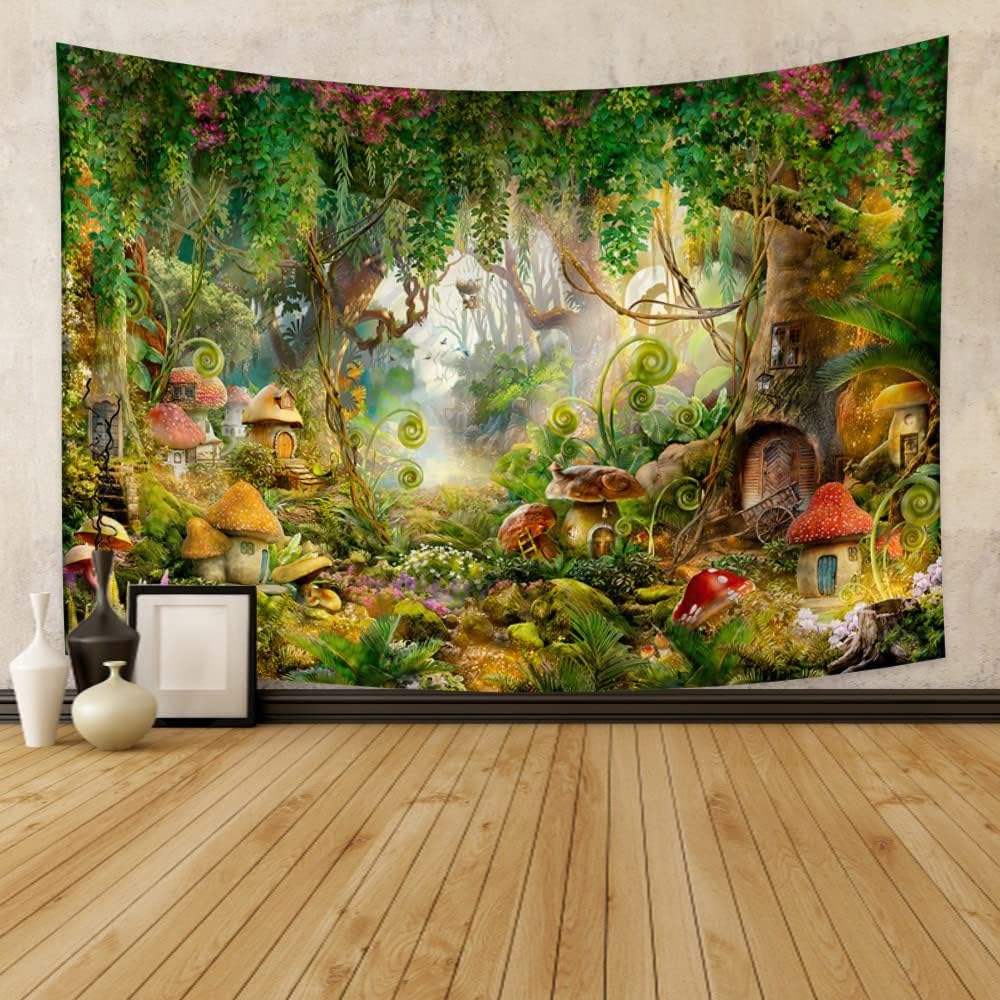 Fantasy Forest Tapestry Enchanted Mushroom Magical Tapestry Fairytale Wonderland Tree House Tapestries Wall Hanging Art For Kids