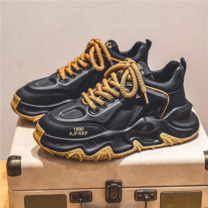 Fashion Chunky Sneakers Men Soft Sole Running Shoes Fashion Casual Leather Color Block Design Breathable Height Increased Platform Shoes