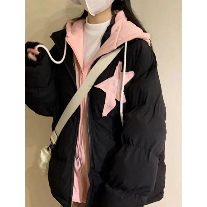 

Поддельный двухпредметный пуховик с капюшоном в американском ретро-стиле и нашивкой в виде звезды, студенческий, с ощущением расслабленности, нишевый дизайн для зимы XL