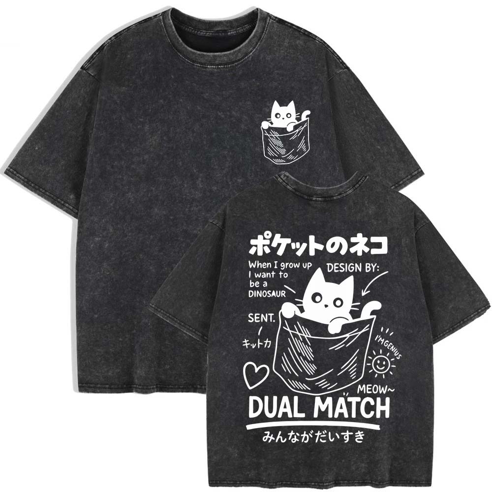 

Милые японские карманные кошки Печать Стирка Футболки Женские Хлопок Короткий Рукав Топы Лето Круглая Шея Оверсайз Футболка Повседневная Одежда S