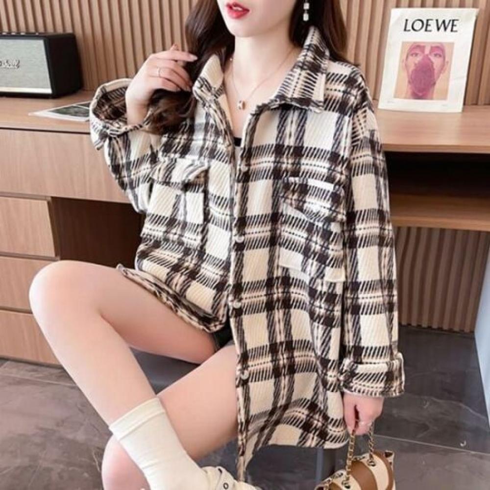 Navava Women Corduroy Check Long Sleeve Shirt Nb2979