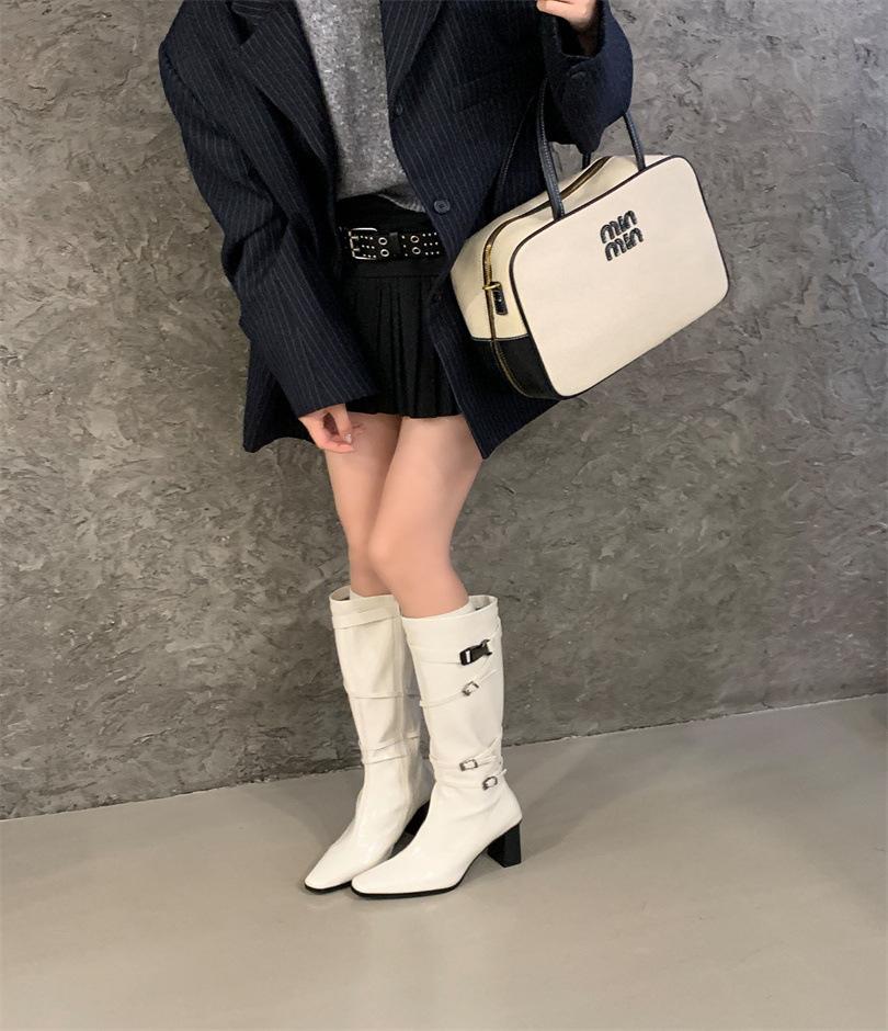 

White thick heel high heel boots women s European and American patent leather thick heel square head belt buckle knight boots but knee fashion boots 39 белый