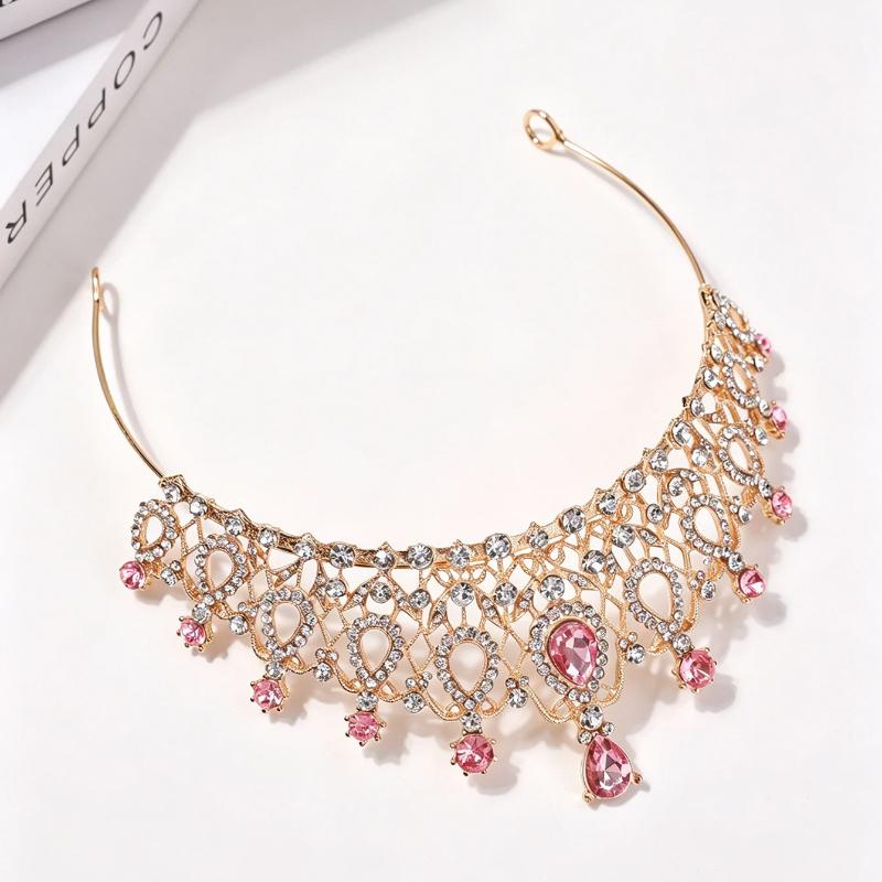 Luxury Hollowed-Out Golden Powder Crystal Crown for Women's Wedding Dresses and Accessories, with European Court Style