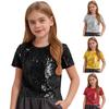 Glänzendes Pailletten Crop Top für Mädchen, Rundhalsausschnitt, Kurze Ärmel, Jazz Dance Top, Hip Hop Bühnenhemd