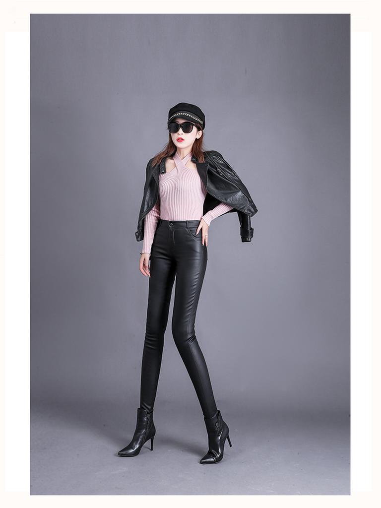 Matte Leather Pants Women Winter Fleece High Waist Leggings for Outerwear Small Feet Bottoms Women