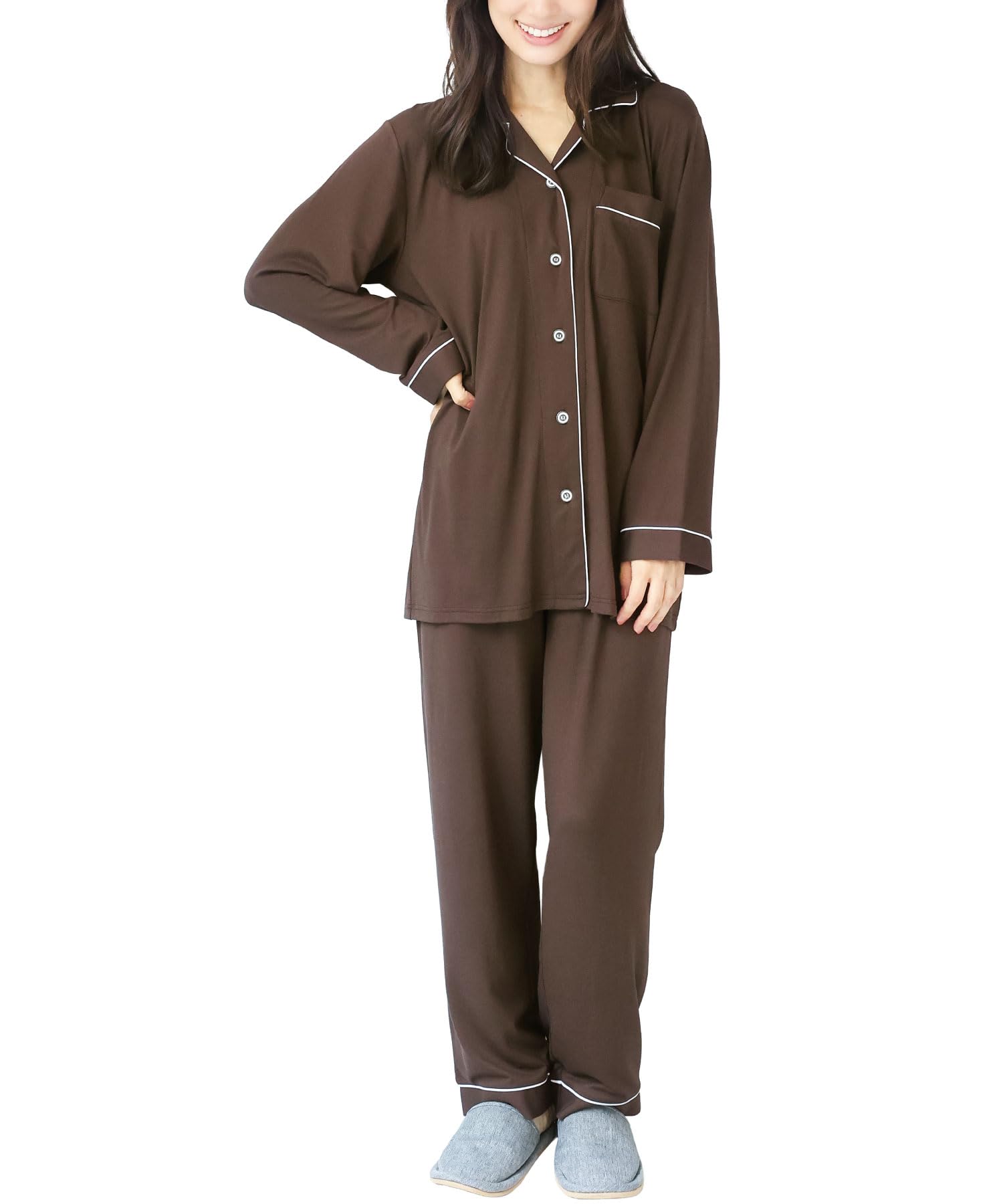 

ON NISHIKI Long Sleeve Front Top and Bottom Powder Long Loungewear Solid Size Women s Pajamas, Opening, Set, Stretch, Wrinkle-Resistant, Pants,