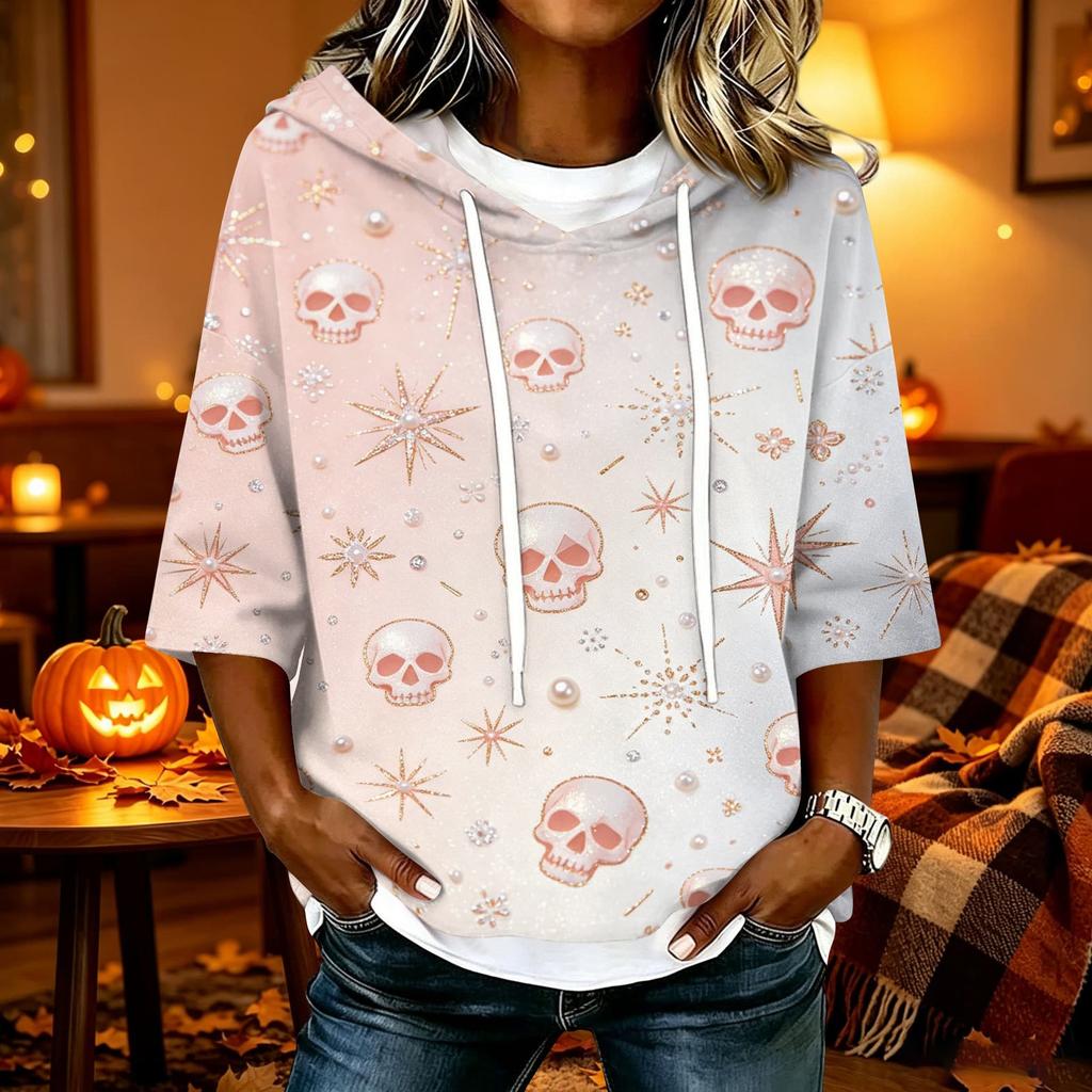 Women's Halloween Printed Hoodie Loose Fit Three-Quarter Sleeve Casual Top