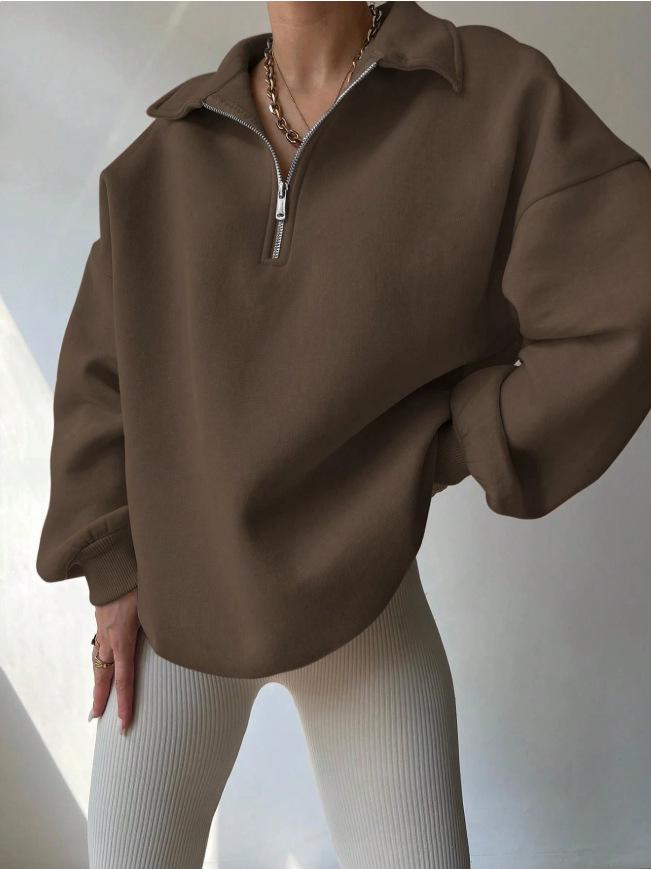 2025 Women s Solid Color Loose Half-Zip Long Sleeve Sweatshirt M кофейный