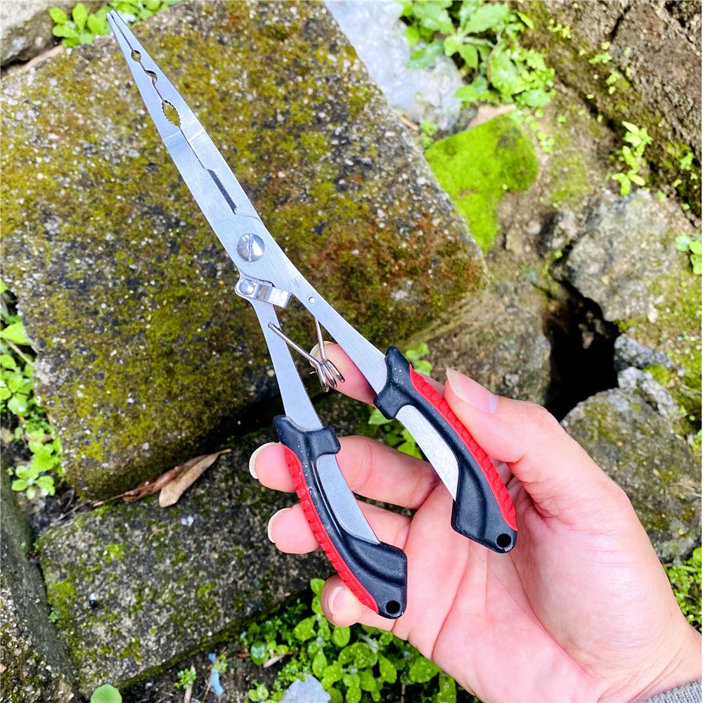 Long Nose Multifunctional Fishing Pliers: Lure, Fish Mouth Clamp, Hammer, Line Cutter, and Hook Control Tool.