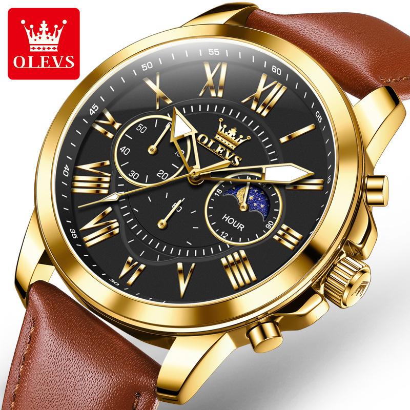 OLEVS Big Dial Roman Scale Quartz Watch For Men Waterproof Luminous Men's Hand Clock Moon Phase Original Fashion Man Watch