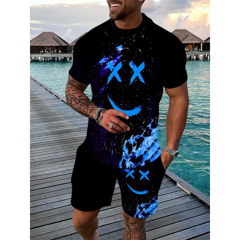 Summer Men's Colorful Happy Printed Fashion Sports Set - Comfortable T-shirt and Shorts