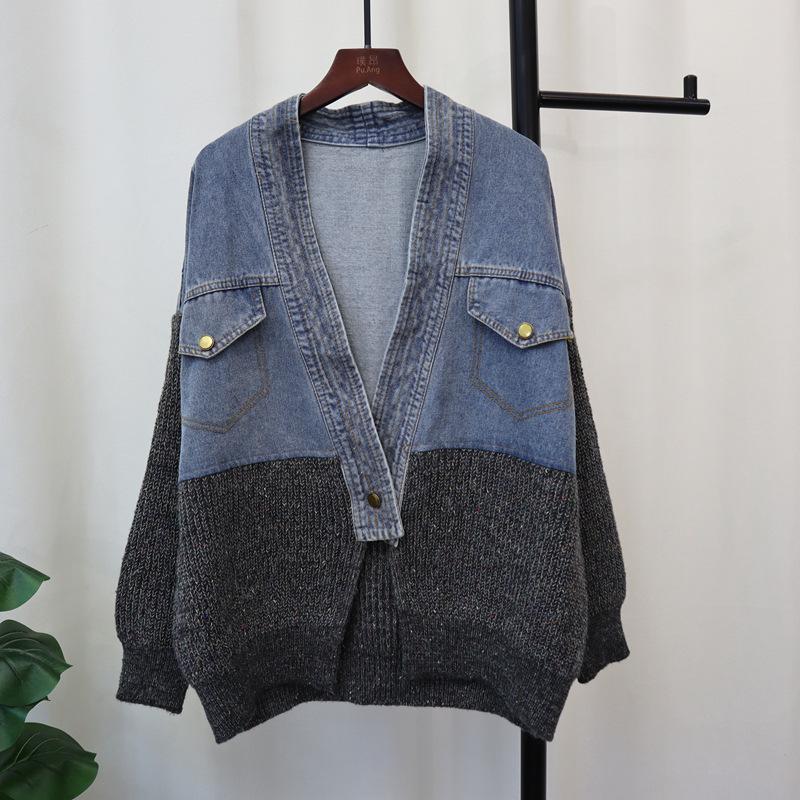 Denim Splicing Design Sense Knitted Cardigan Autumn and Winter New Loose Sweater Jacket Women