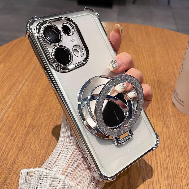 For Reno 16 Pro Reno16 5G Luxury Plating Glitter Mirrow Holder Soft Case Airbags Four Corners Shockproof Silicone Stand Cover