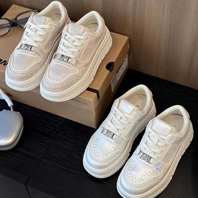 Thick-soled Pearlescent Lock Leather Little White Shoes Women's Shoes 2025 New Sports and Leisure Shoes Heightened Lace-up Old Board Shoes