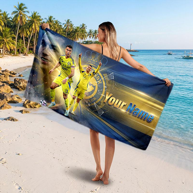 Cristiano Ronaldo Custom Beach Towel, Personalized Name Text Print, Football Logo Soft Quick‑Dry Towel Holiday Gift