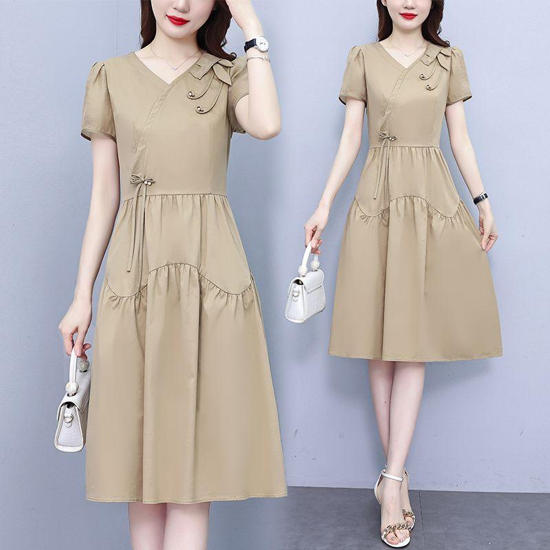 Summer French Elegant Temperament Fashion Casual Dress Age Reducing High Waist Slimming Mid Length Dress for Ladies