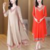 Large Size Retro Printing Pleated Dress Women's Autumn 2026 New Elegant Temperament Thin A-shaped Dress Medium and Long