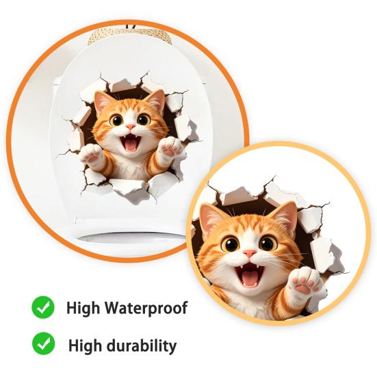 Adhesive Toilet Sticker Waterproof 3D Orange Cat Wall Decal No Glue Residue Decorative Sticker
