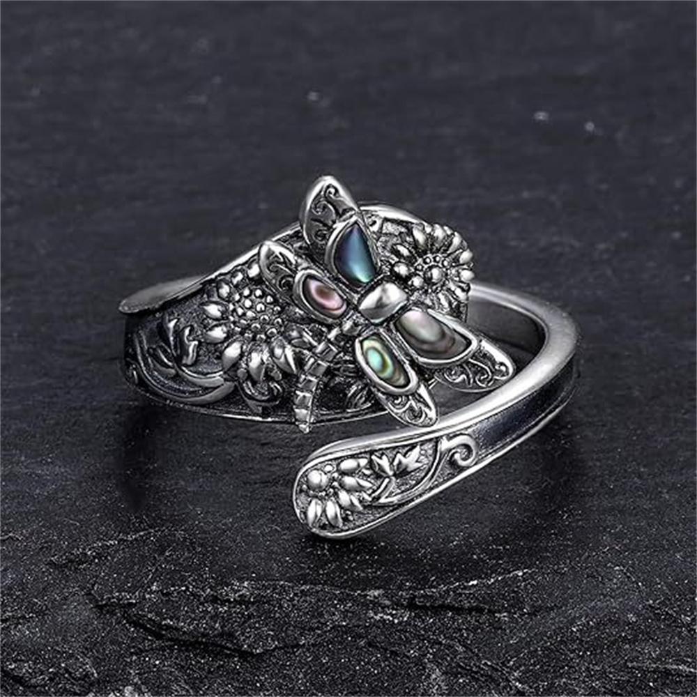 1 Pcs 925 Sterling Silver Vintage Ring Flower Dragonfly Blue Opal Open adjustable Rings Jewelry Birthday Gift For Women Men