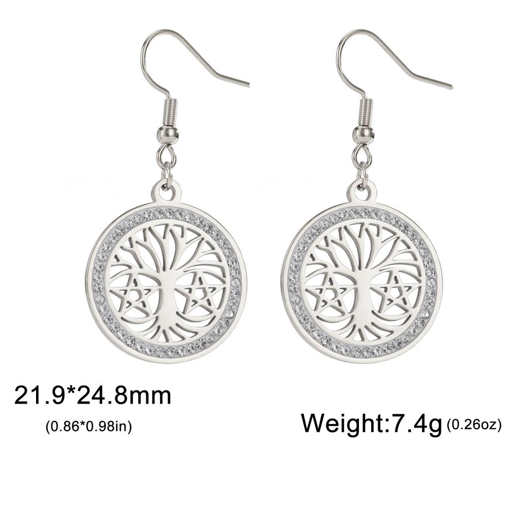 Tree of Life Women's Earrings Stainless Steel Gold Clear Zircon Round Pendant Dangle Earring Amulet Jewelry Gift
