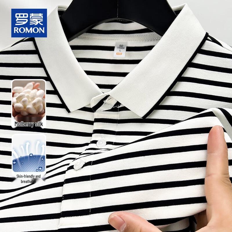 ROMON Men s Cooling Silk Blend Striped Polo Shirt 2XL