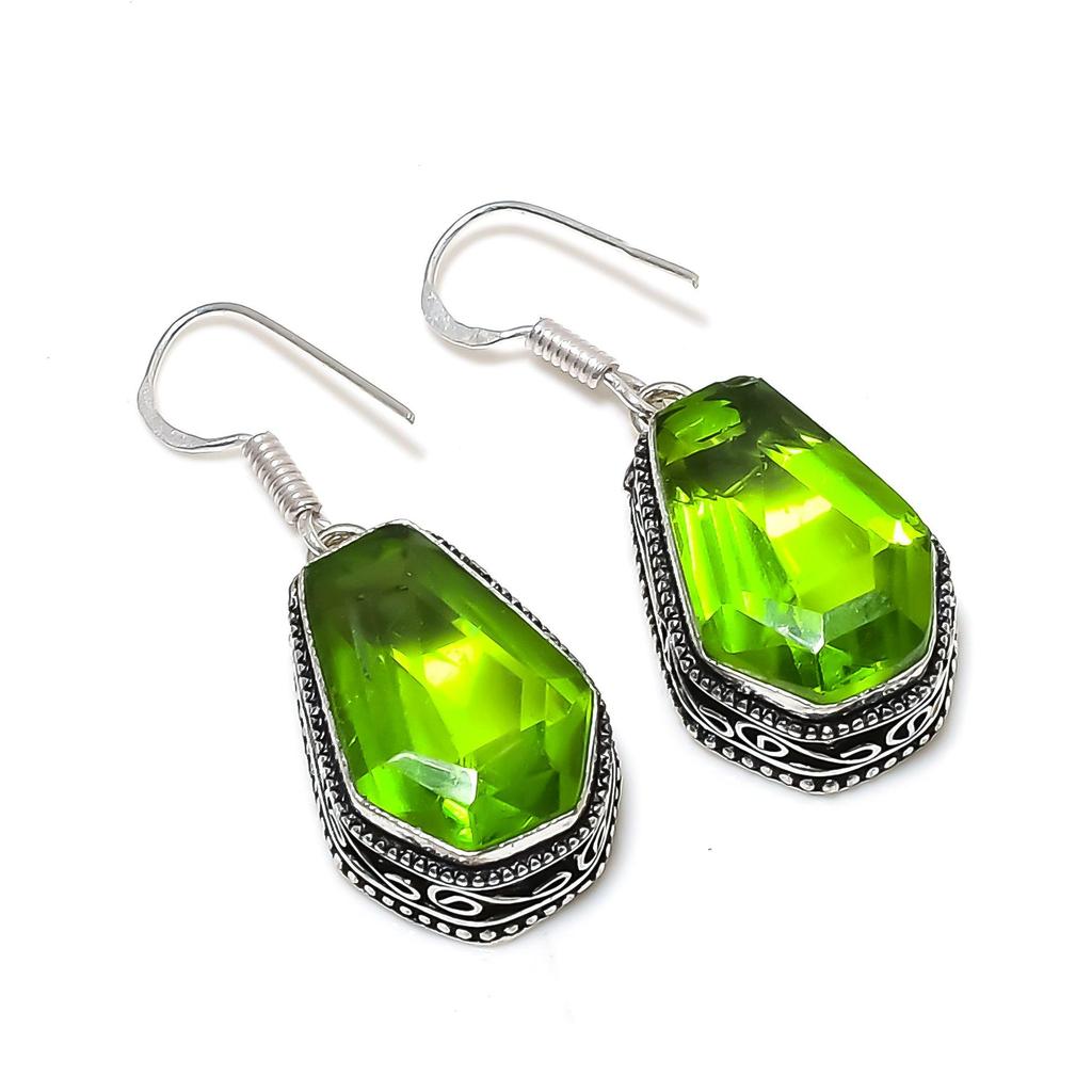 Amazing Peridot Coffin Gemstone Earrings, 925 Sterling Silver Earring, Handmade Boho Silver Jewelry Dangle Earrings, Party Wear Gift