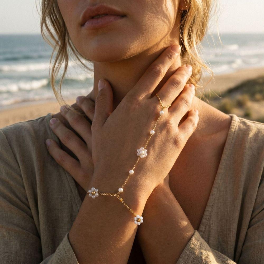 Colorful Crystal Beads Finger Bracelet Stainless Steel Finger Ring Chain Link Chain Bracelet Beach