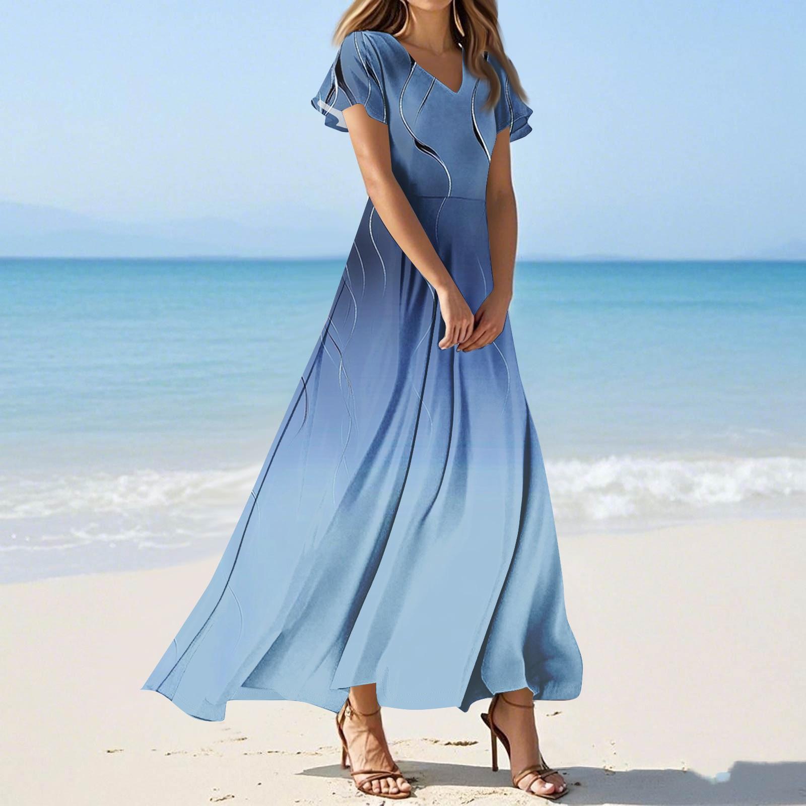 

Женские повседневные модные длинные платья с принтом, платья с V-образным вырезом и коротким рукавом M синий