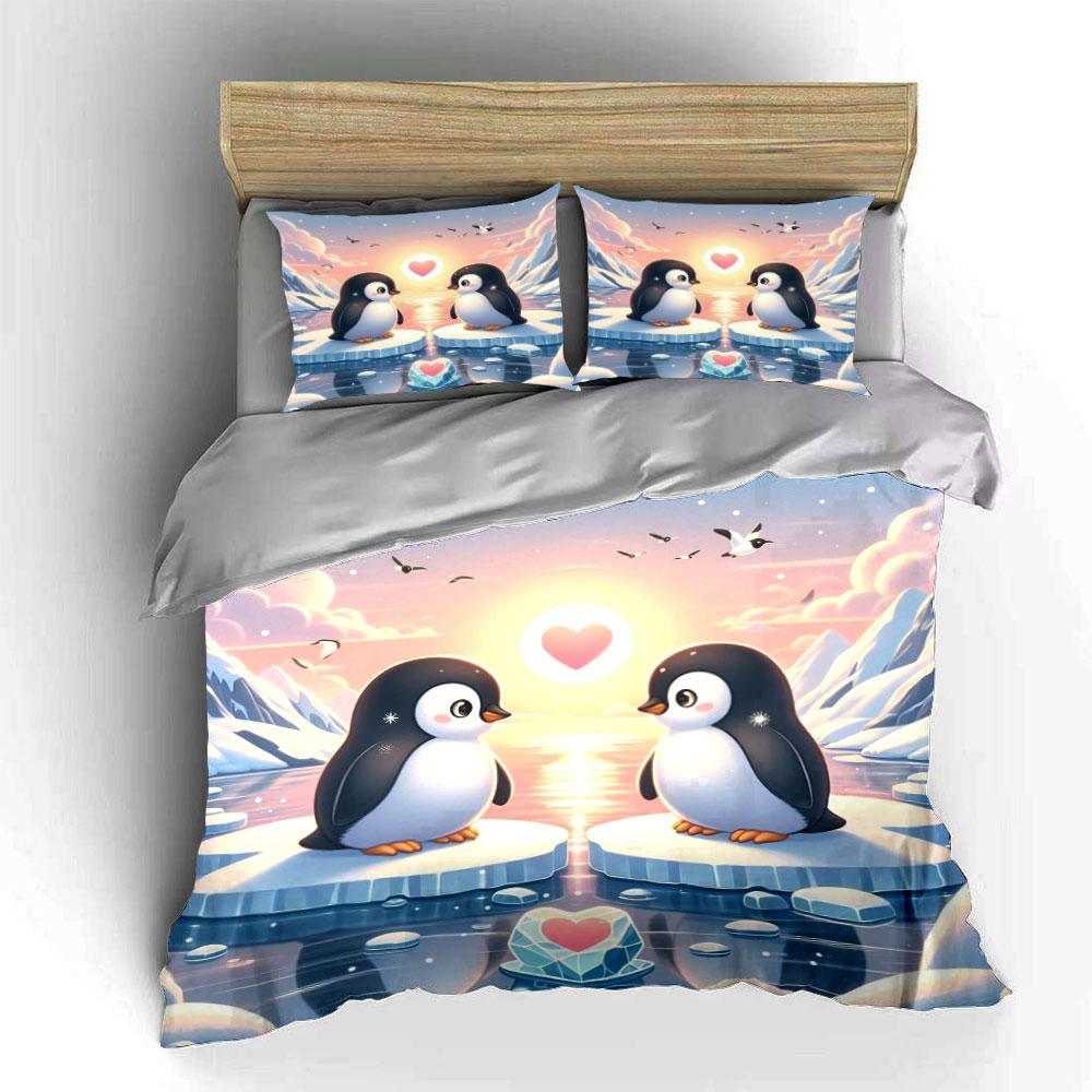 Penguins, icebergs, heart symbol. Bedding sets Duvet cover sets Duvet covers Pillowcases(1*Duvet Cover 2*Pillowcases without duvet insert)
