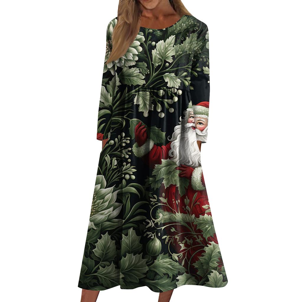 Women's Casual Crew-neck Christmas Print Mid-length Dress Long-sleeved Dress With Pocket