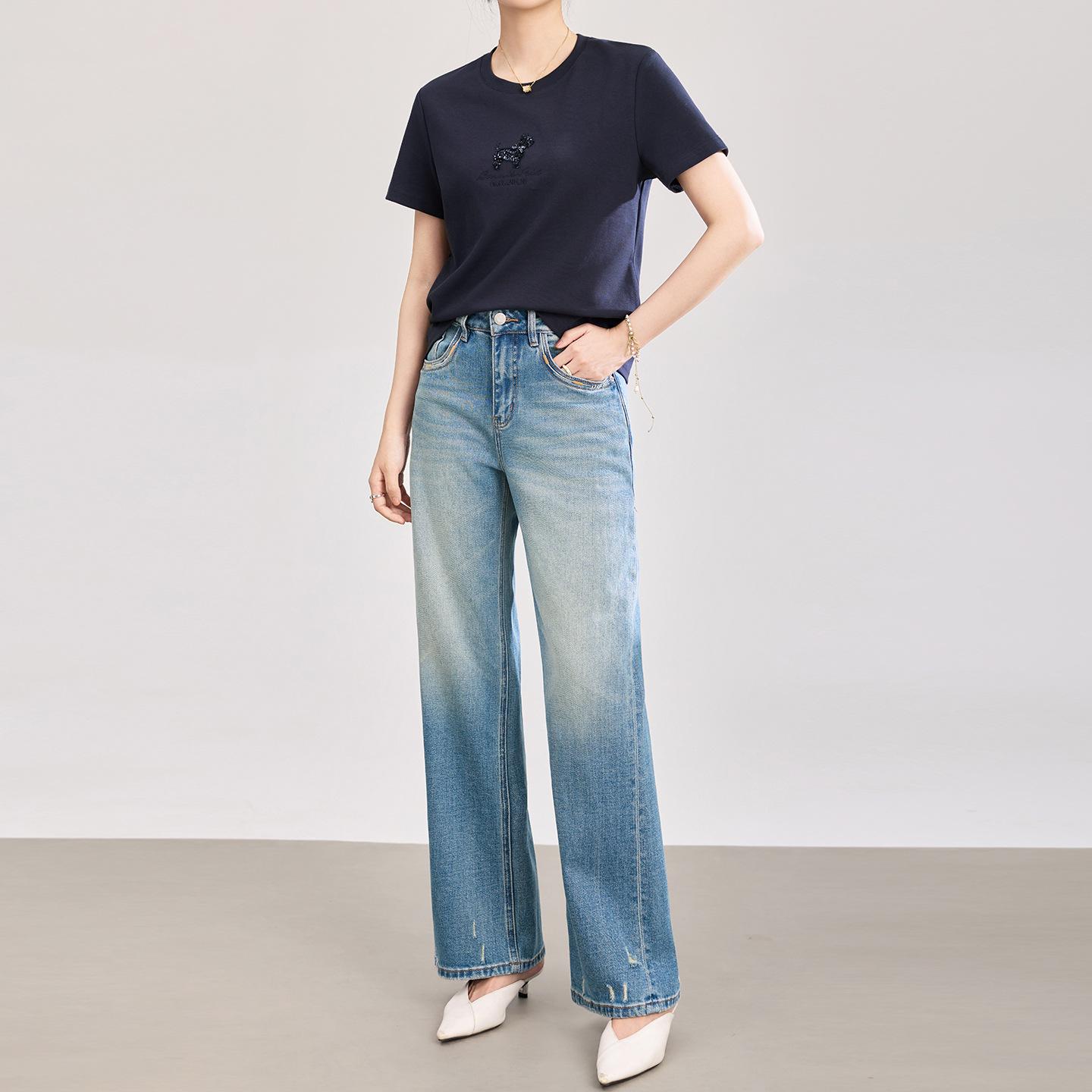 Retro High-Waisted Ripped Straight-Leg Denim Pants for Women - Spring/Summer Collection 27 синий