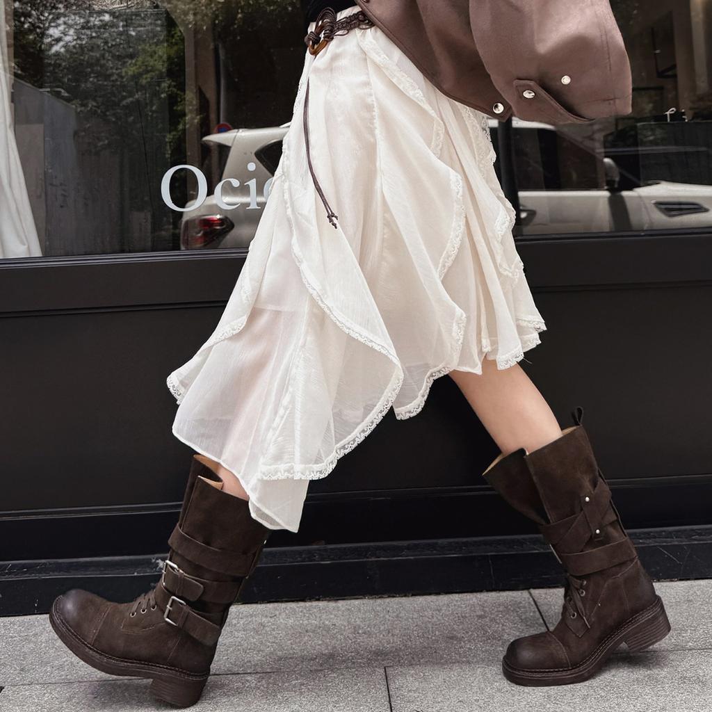 Lan Cabinet 2025 autumn and winter new retro western cowboy boots women's versatile casual mid-tube boots niche locomotive boots