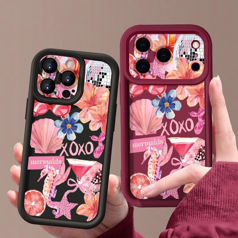 Shockproof Phone Case For iPhone 17 Pro Max Pink Cartoon Floral Pattern Silicone Cover For iPhone 16 Pro Max Cover iPhone 15 14 13 12 11 16E Air