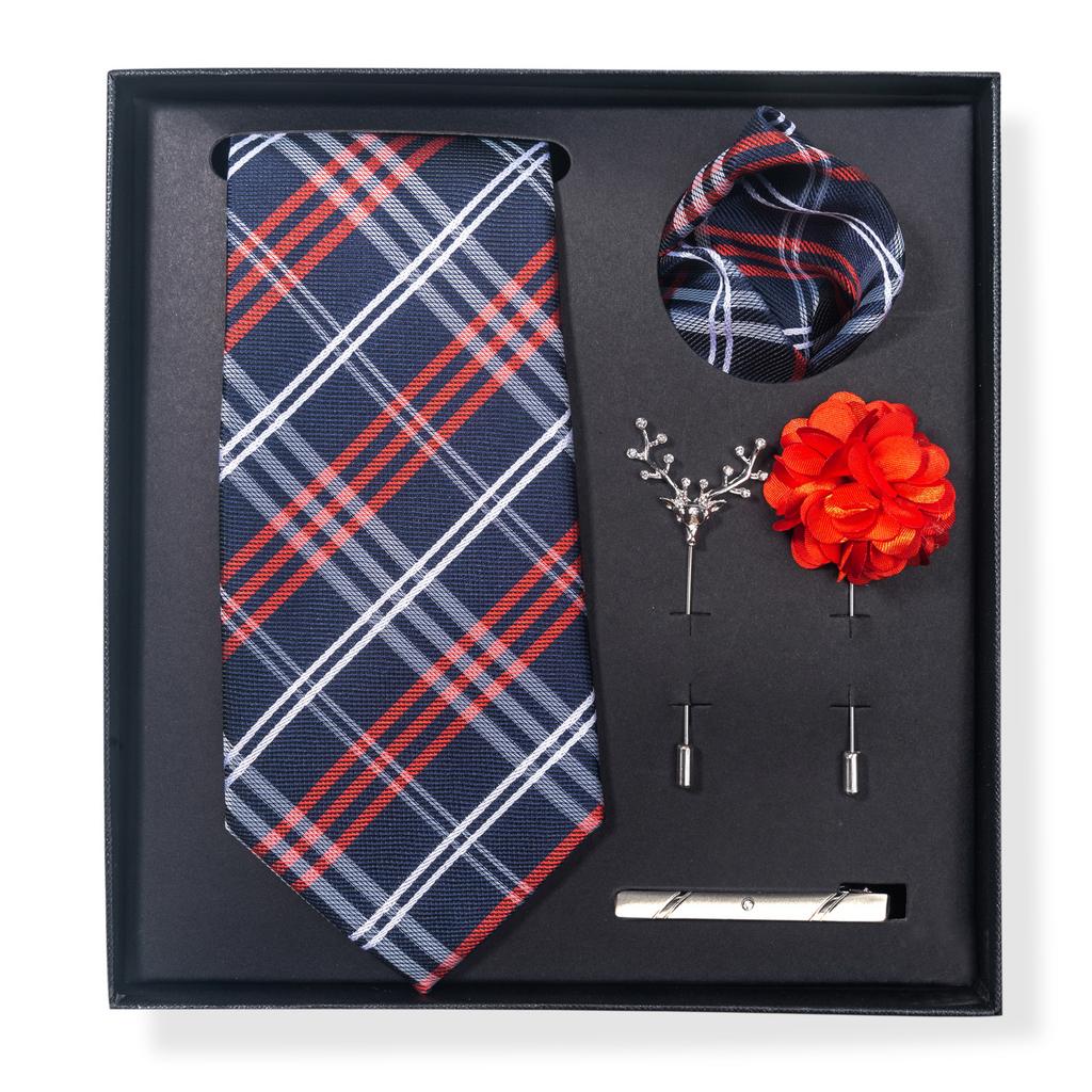 Tie Men'S Trend Net Color Striped Cashew Nut Tie 6-Piece Gift Box Square Scarf Tie Clip Corsage Set